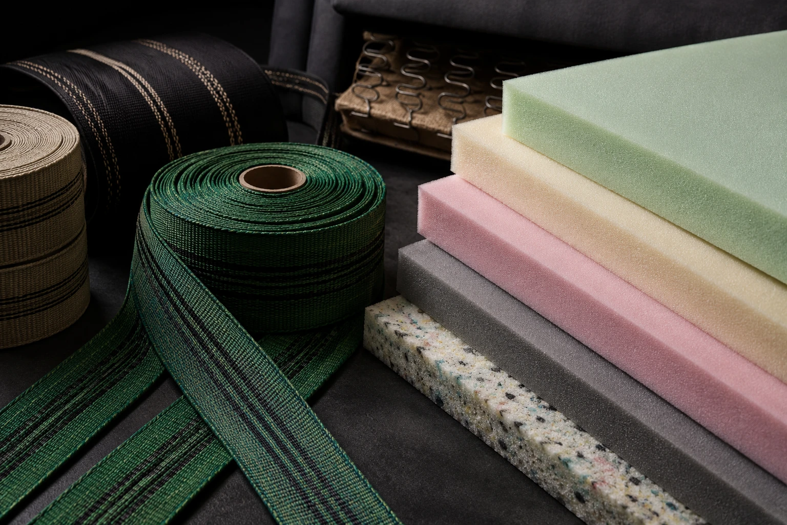 Webbing and foam sheets for furniture and upholstery manufacturing