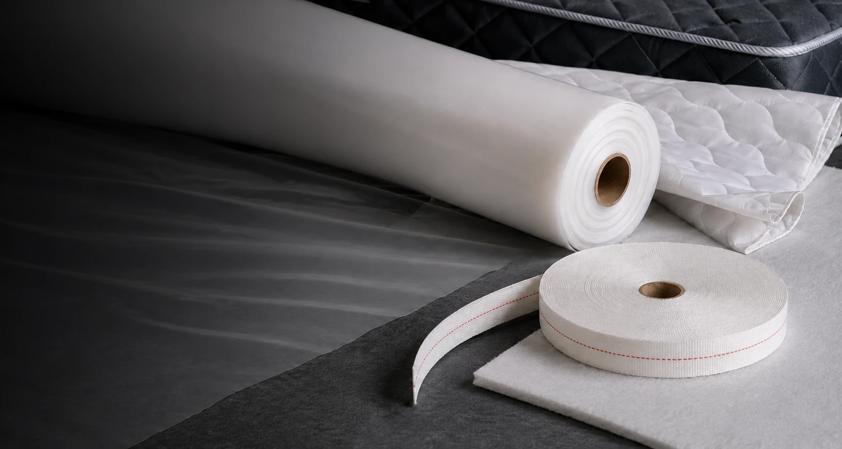 Bedding components including polypropylene sheeting, mattress tapes, dust covers and Airshield pads